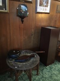 Pedestal/table with light, Carved wooden stand with metal tray top.
