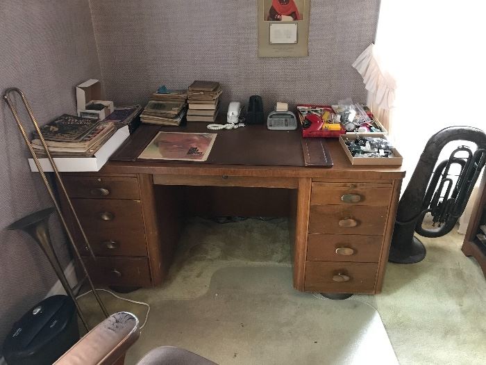 SOLID wood desk, office stuff, sheet music, and more