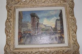 Framed Parisian artwork.