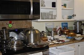 Kitchen cookware, bakeware, flatware, stemware.