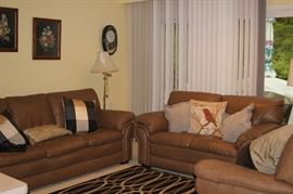 Living room, Ethan Allen leather furniture. Floor lamp, area rug, decorative cushions.