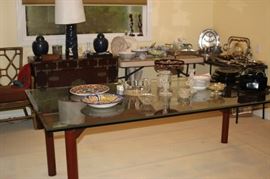 Dining area, table, Asian cabinet, silver plate and Sterling, Asian and Italian ceramics.