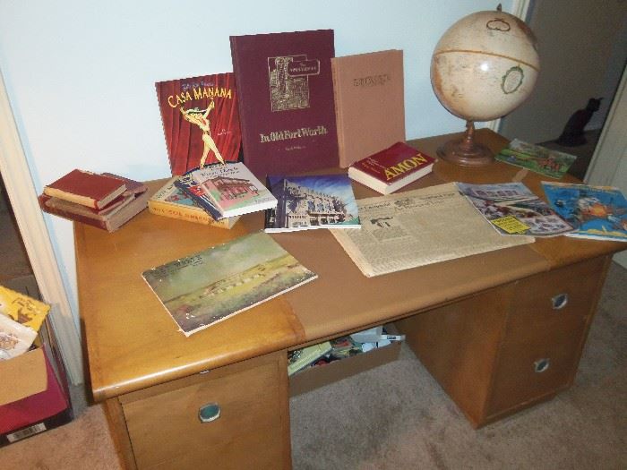 mid century modern mcmoffice desk wood ephemera books magazines