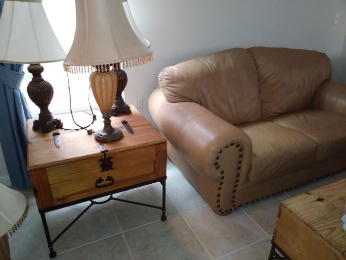 Knotty pine side tables - lamps - leather love seat
