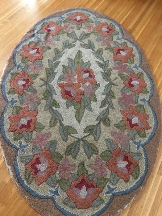 Vintage oval hooked rug.  From the estate of F. RItter Shumway who received it from the estate of Oliver Wendell Holmes.