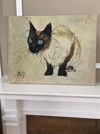 Oil on canvas of siamese cat; unframed; signed, "hug".
