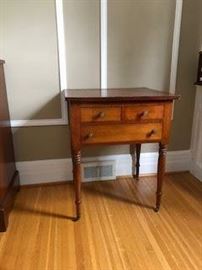 Early, two over one drawer cherry base and mahogany top with Sheraton legs work stand.  