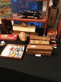 Vintage pencil box collection; bisque figurine group, etc.