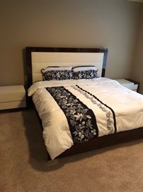 Mid century king size bed and side tables.  Bedding and mattress included or sold separately.