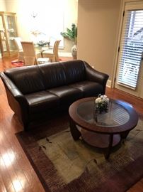 Leather sofa, area rug and coffee table.