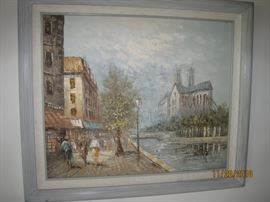Framed Painting of European Street Scene 