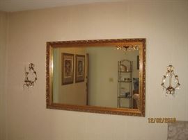 Pair of crystal sconces, Gilt framed Mirror 