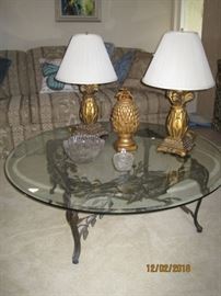 Glass Top Wrought Metal Vine Table, Pair of Pineapple Lamps with Decorative Pineapple, Leaded Glass Bowls