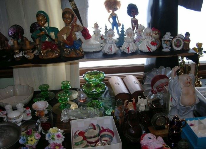 Vintage Christmas figurines, ornaments, etc., other fun vintage figurines, buddhas