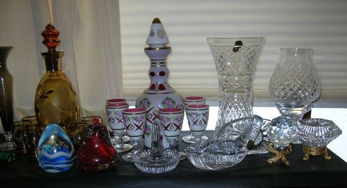 Bohemian cased glass decanter set, some Waterford crystal pieces.