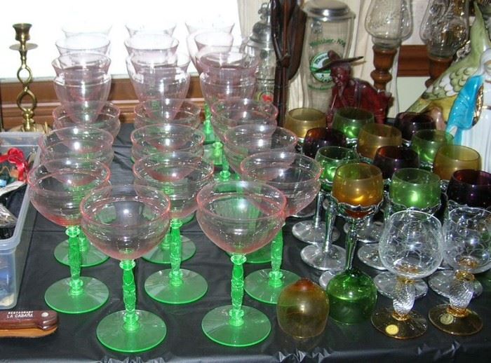 Fabulous 1920s-era pink over green stemware, Kromex vintage stemware, more.