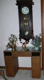 Antique German 2-weight wall clock (that works), a great desk with mid-century lines