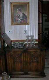 Server and some vintage etched stemware and console set.