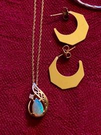 14k opal and diamond pendant/ 14k half hoops.