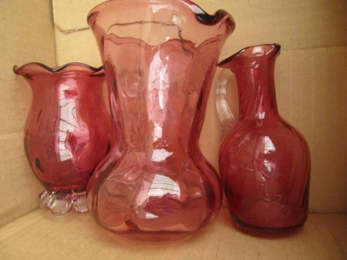 Cranberry glass 2 pitchers and 1 vase No chips o ...