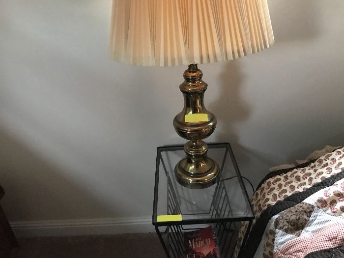 Metal and glass table, lamp