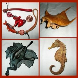 Cool Miniature Leather Key Rings, Nicely Carved Wooden Manatee, Frog on Leaf Door Knocker and Real Seahorse 