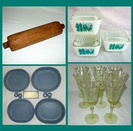 Primitive Antique One Piece of Wood Rolling Pin, Pyrex Rooster Refrigerator Dishes, Bennington Vermont Pottery and Vaseline Glass Stemware 