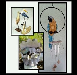 Wooden Birds, Mermaid in Clam Shell and Parrot with Wind Chimes 