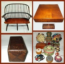 Small Bench, Nice Old Wooden Box Showing Interior, Antique Wooden Box containing Sewing Machine Parts and Collection of Pin Cushions