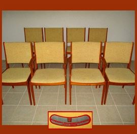 Set of 8 Teak Dining Chairs including 2 Captian's Chairs Marked Scandinavia Woodworks Co. Singapore