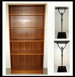 Teak Finish Tall Bookcase and a Pair of Cool Metal Occasional Tables 