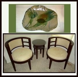 Pair of Very Attractive Chairs and Matching Table and Large Pottery Platter