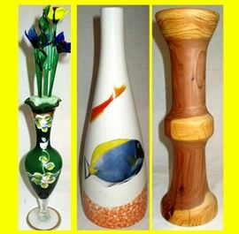Hand Painted Slender Vase with Glass Flowers, Fish Vase and Signed Wooden Candle Holder 