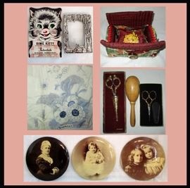 Vintage Dime Kitty, Excellent Small Cat Silver Frame, Quilted Sewing Kit, Givenchy Scarf, Collectors Presentation Scissors and 3 Large Button Photos