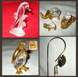 Exquisite Crystal Seahorse, Swarovski Trimlite Penguin, Elephant and Frog, Pewter Cat with Crystal Ball, and Balancing Frog 