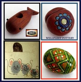 Cute Diminutive Wooden Whale-Made in Denmark, Marked Wellfleet Pottery Place Card Holder, Hand Painted Egg and Really Sweet Tiny Fingerprint Mouse Picture