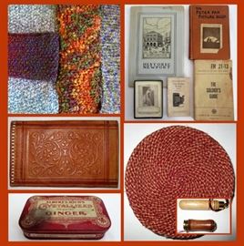 Beautiful Hand Made Scarves, Lots of Old Books, Hand Tooled Leather Wallet, Small Woven Basket Bowl, Wooden Needle Case, Tiny Wooden Scope and Albert L. Rich's Crystallized Oriental Ginger Tin 