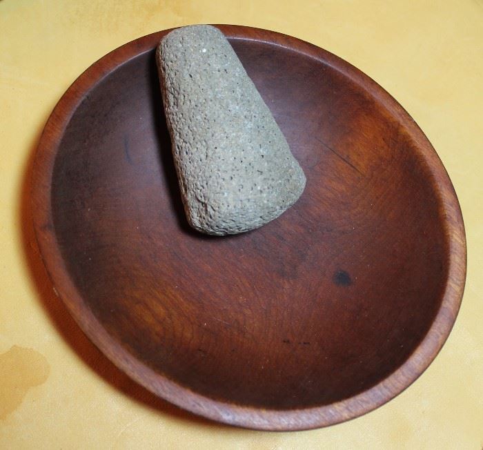 Wood bowl and Prehistoric Native American Stone Pestle