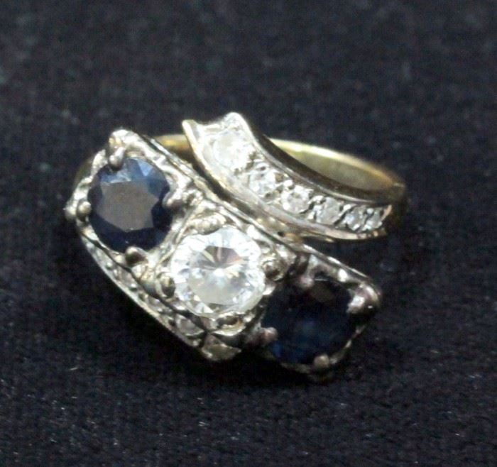 Estate Jewelry Diamond And Sapphire Cocktail Ring, Size 5.75, 14k White Gold, Center Stone Approx .5 Ct
