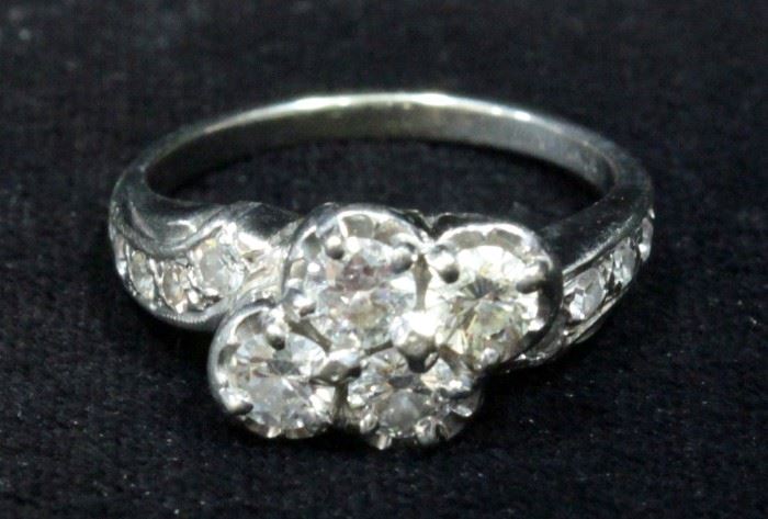 Circa 1910 14k White Gold With Four .25ct Diamond Center Stones And 8 Side Diamonds, Approx TCW 1.10, Size 7.5