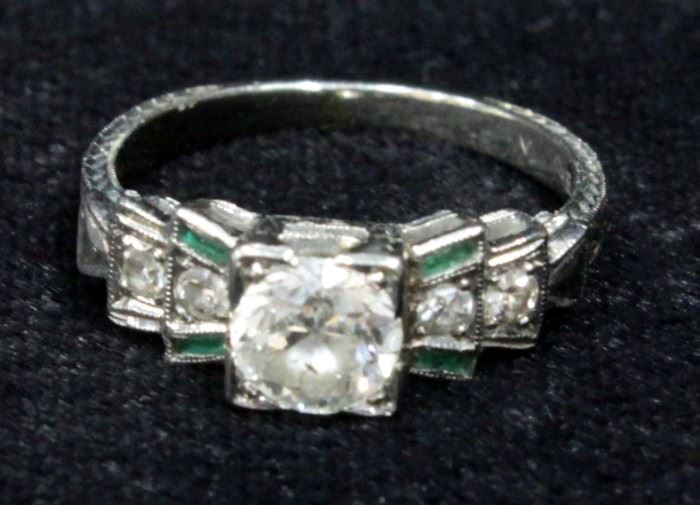Estate Jewelry Antique 18k White Gold Diamond And Emerald Engagement/Cocktail Ring, Size 5.25