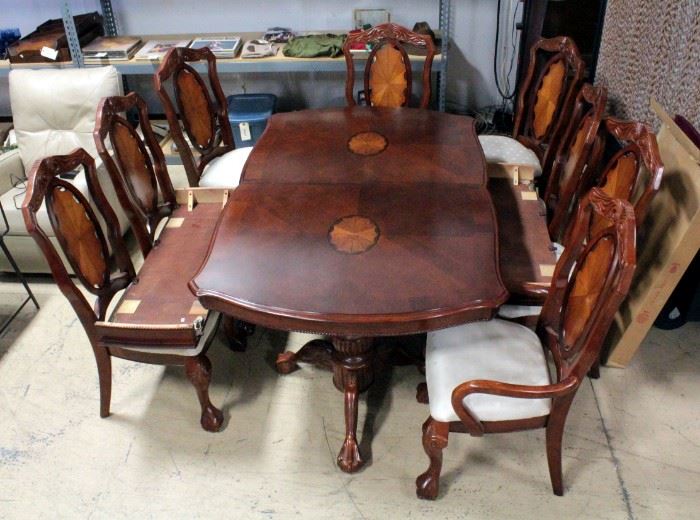 Large Rosewood Dining Room Table 29"H x 69"L x 43"W With Two Leaves 15"W Each, Eight Chairs And Custom Table Pads, COME SEE, OUR PHOTOS DO NOT DO IT JUSTICE
