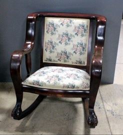 Large Upholstered Claw-Foot Rocking Chair, 34"H x 30"W x 35"D