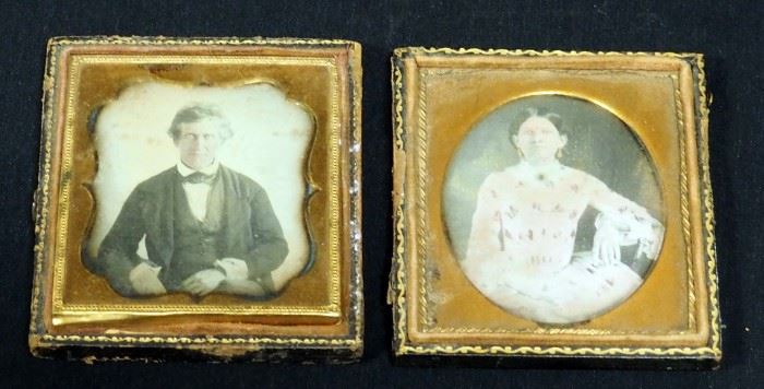 Daguerreotypes, Man And Woman In Formal Clothes In Gold And Leather Frames