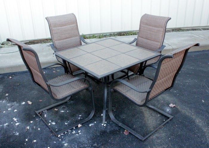 Tile Topped Patio Table 40" x 40" With Extra Tile For Umbrella Pole And 4 Chairs