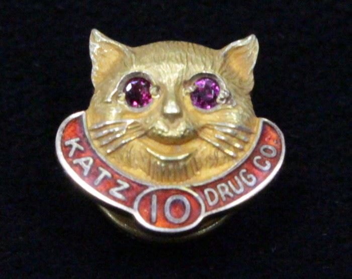 10K Gold Katz Drug Co 10 Year Service Pin With Ruby Eyes