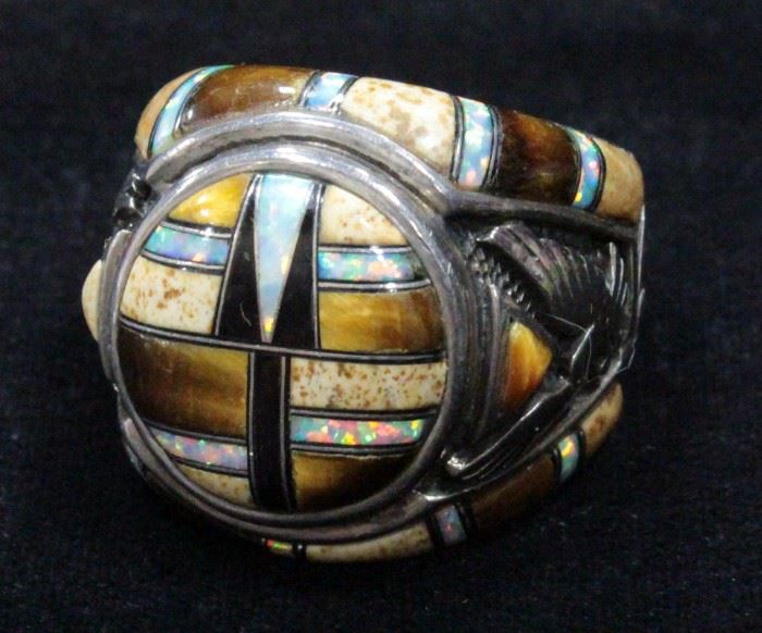 Large Sterling Silver Men's Dress Ring With Agate, Opal And Tiger Eye Inlay, Size 13.5