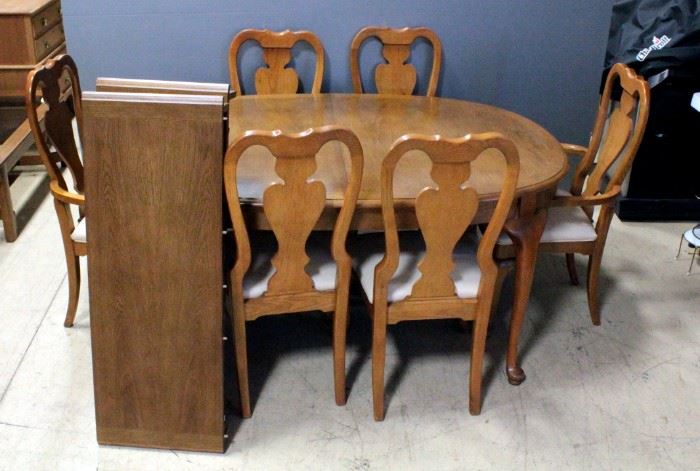 Dining Table, 29"H x 66"L x 43"D,With Two Leaves,16"W Each And 6 Upholstered Chairs