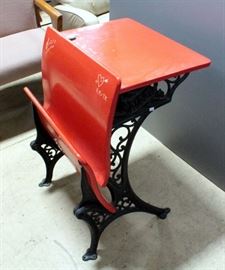 Wood And Cast Iron Old-Fashioned School Desk With Front Bench, With Original Ink Well Insert