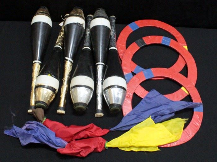 Plastic Customized Juggler's Batons Qty 6, Juggler's Rings Qty 3 And Magic Handkerchiefs Qty 2